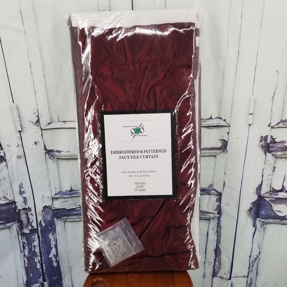 Emboridered  Faux Silk Cutain pole tab Burgundy